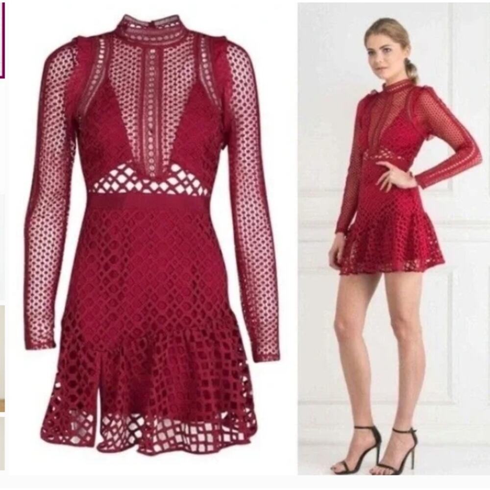 Self Portrait Hall Guipure lace long sleeve raspberry red eyelet Mini Dress 6